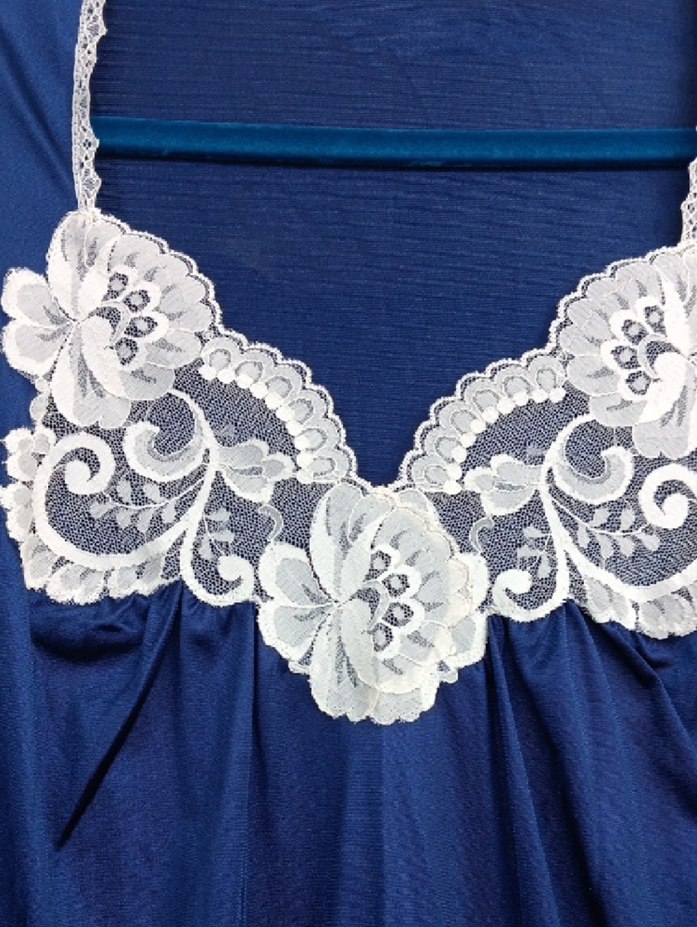 Vanity Fair Navy Blue Long Nightgown with White Lace - Picture 2 of 5